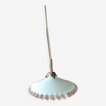 Suspension in transparent serrated white opaline from the 1950s, gold textile cable