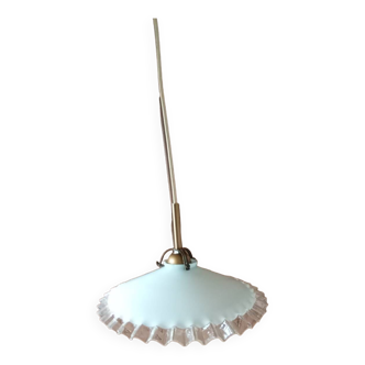 Suspension in transparent serrated white opaline from the 1950s, gold textile cable