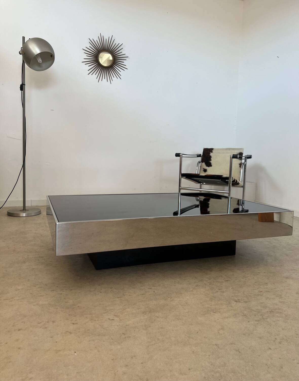 Old glass and chrome coffee table Italian design from the 70s vintage
