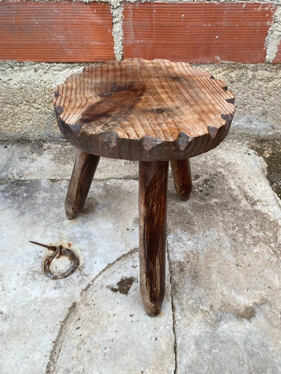 Tabouret de Traite Ancien Tripode Bois Brut Art Populaire Vintage #C60