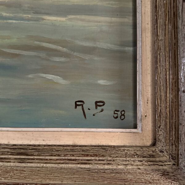 Huile sur Isorel bord de plage avec pêcheurs à pied 1958 par R.P.