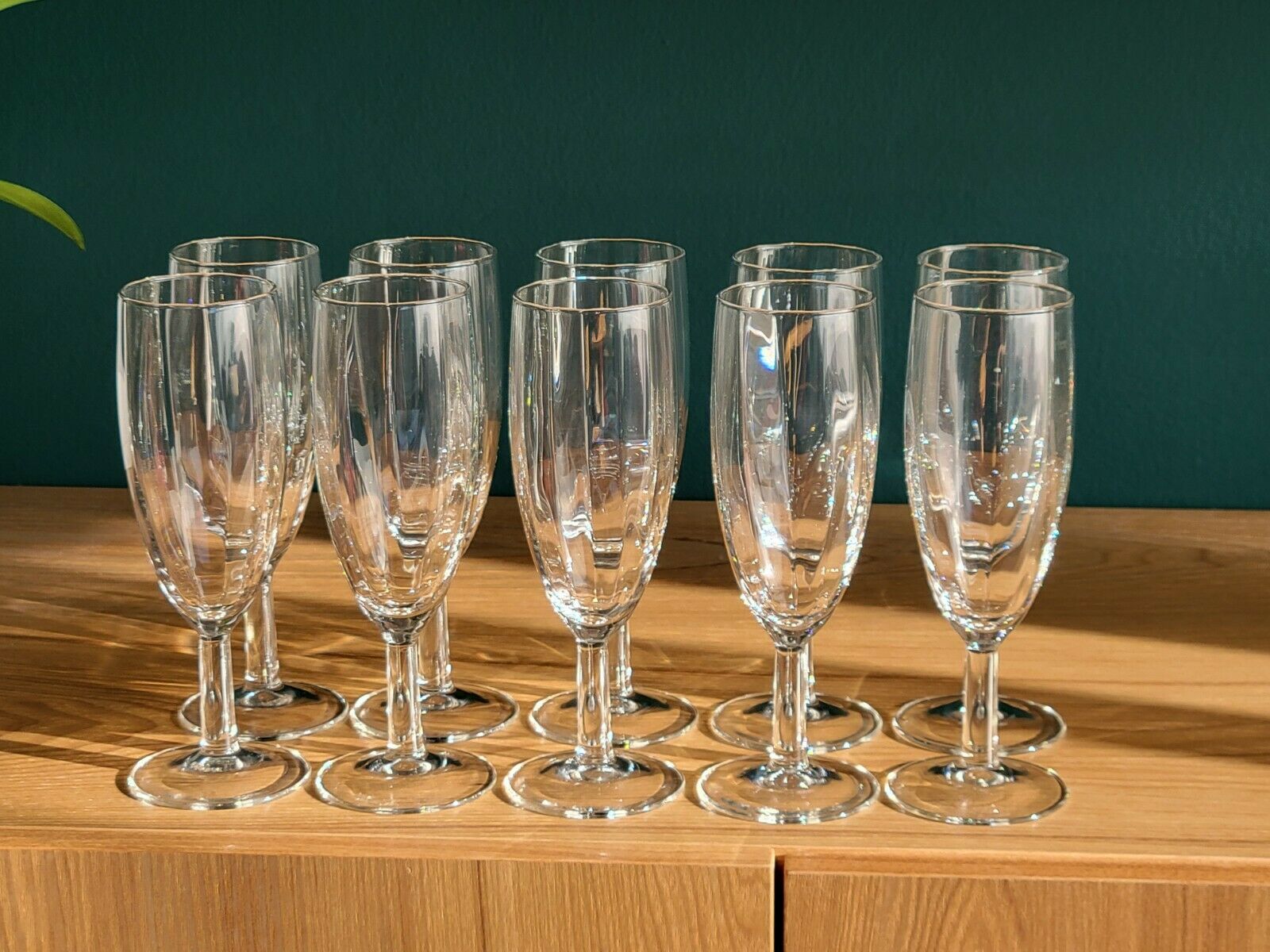 10 vintage champagne flutes in faceted glass