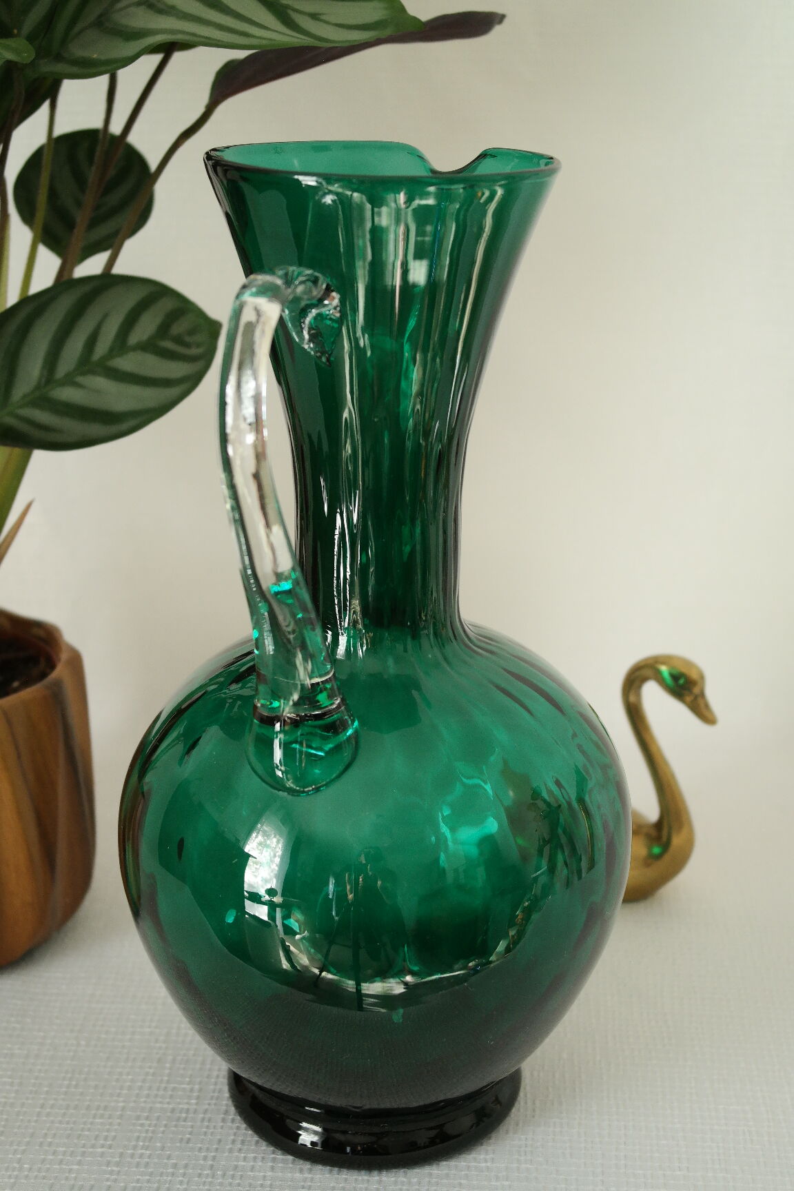 Vintage green blown glass jug vase