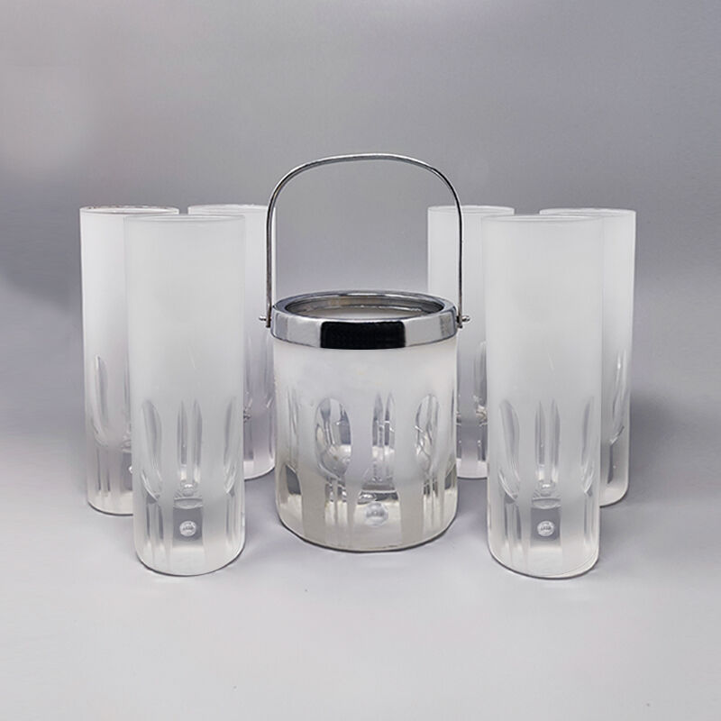 Ice Bucket with 6 Glasses in Hand Cut Lead Crystal by Kristal. Made in Italy 1960