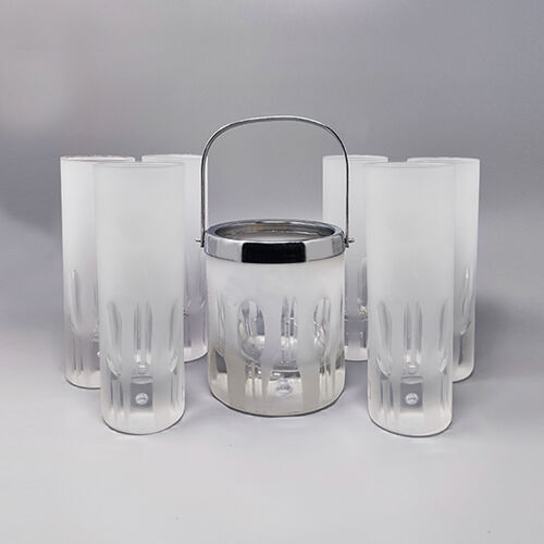 Seau à glace avec 6 verres en cristal de plomb coupé à la main par Kristal, fabriqué en Italie 1960