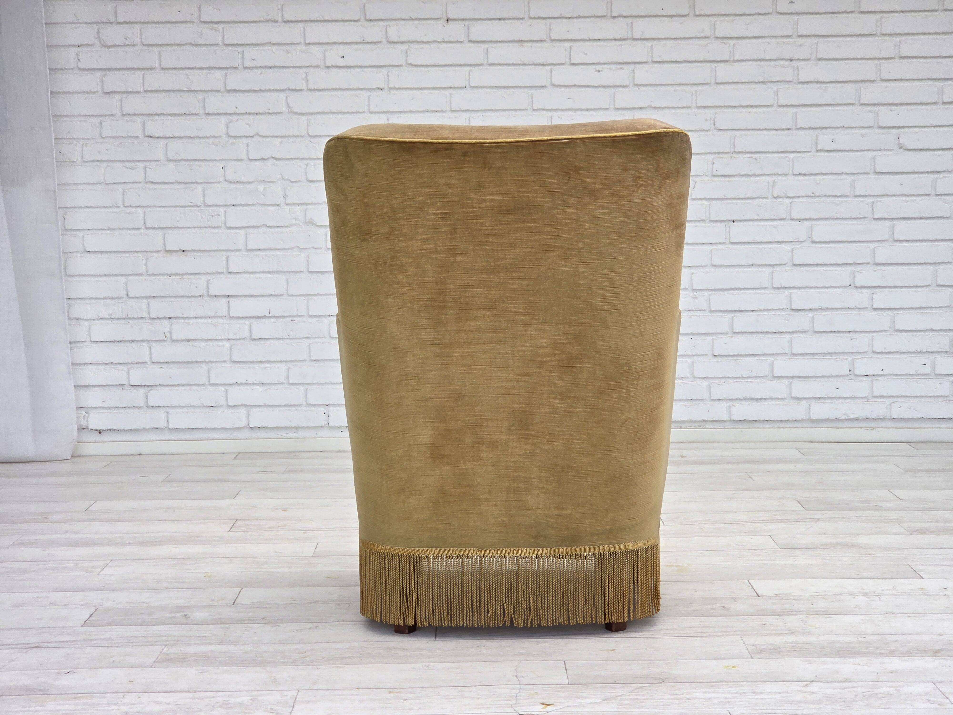 1970s, Danish highback back armchair, light green furniture velour.