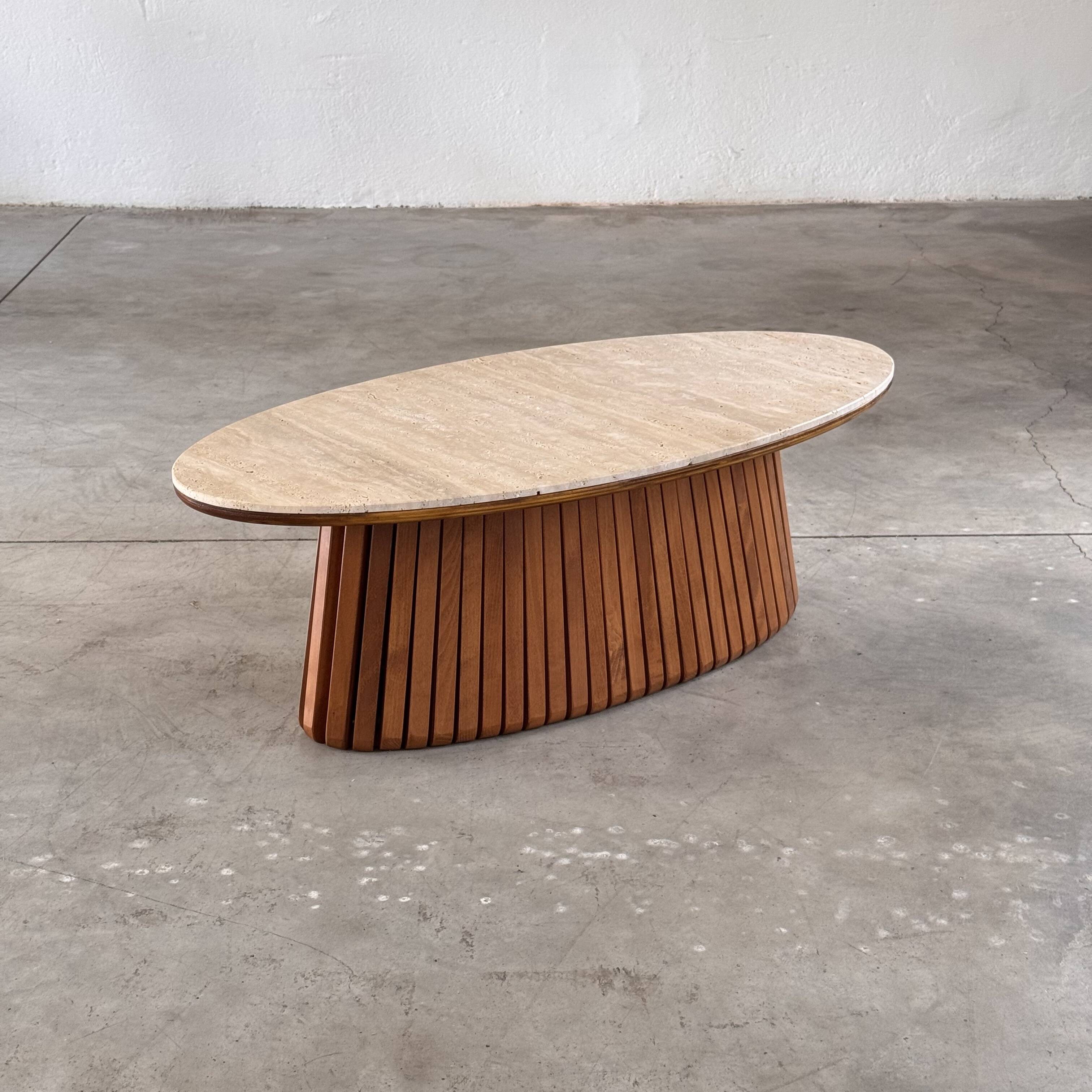 Oval travertine coffee table with ashwood slatted base – italy by forme