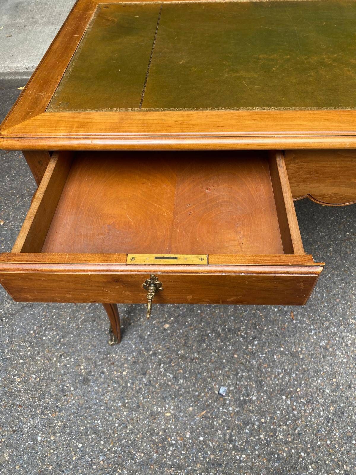 Louis XV style flat desk in solid cherry wood with pull-out extensions and leather top 19