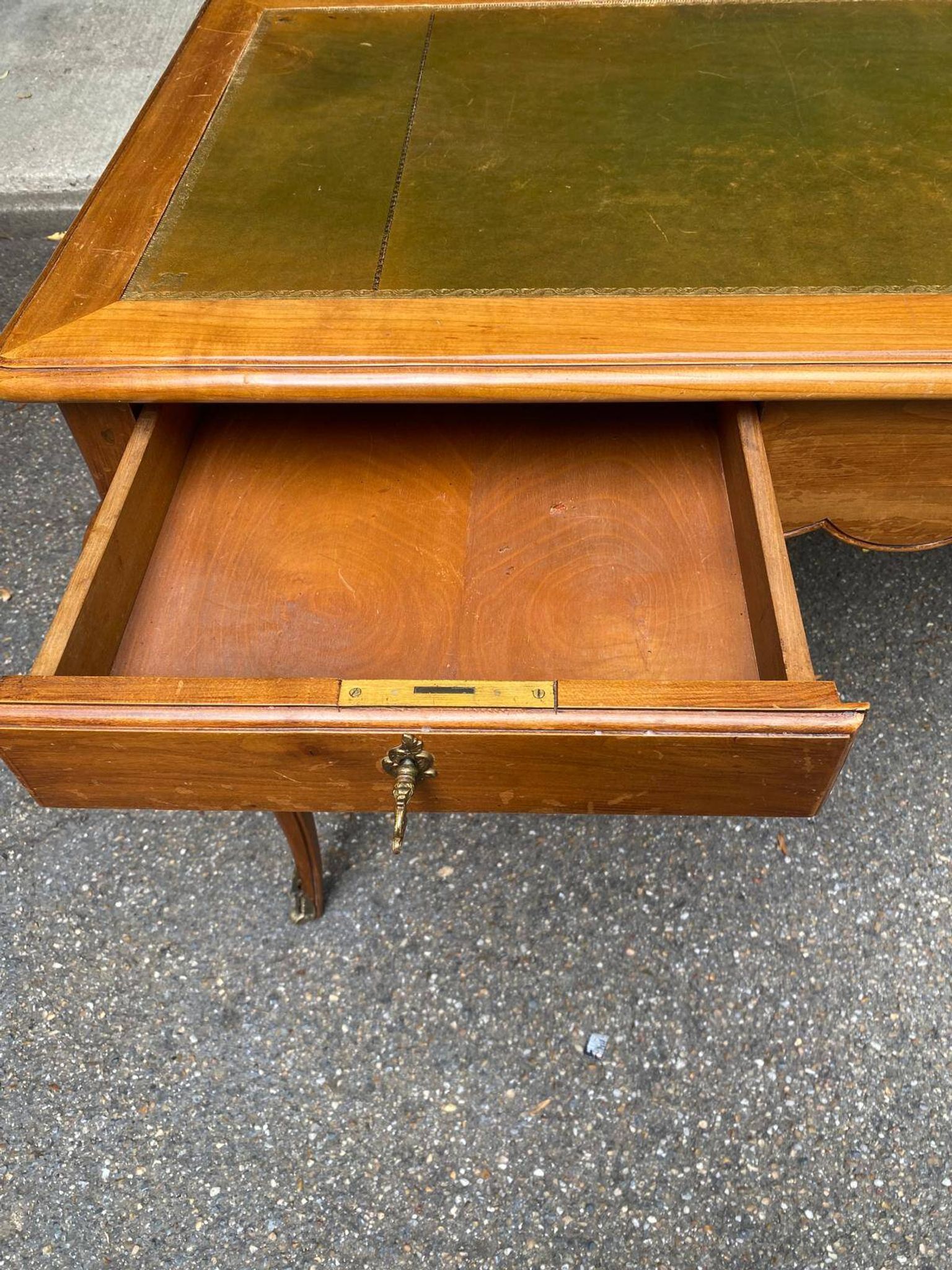 Louis XV style flat desk in solid cherry wood with pull-out extensions and leather top 19