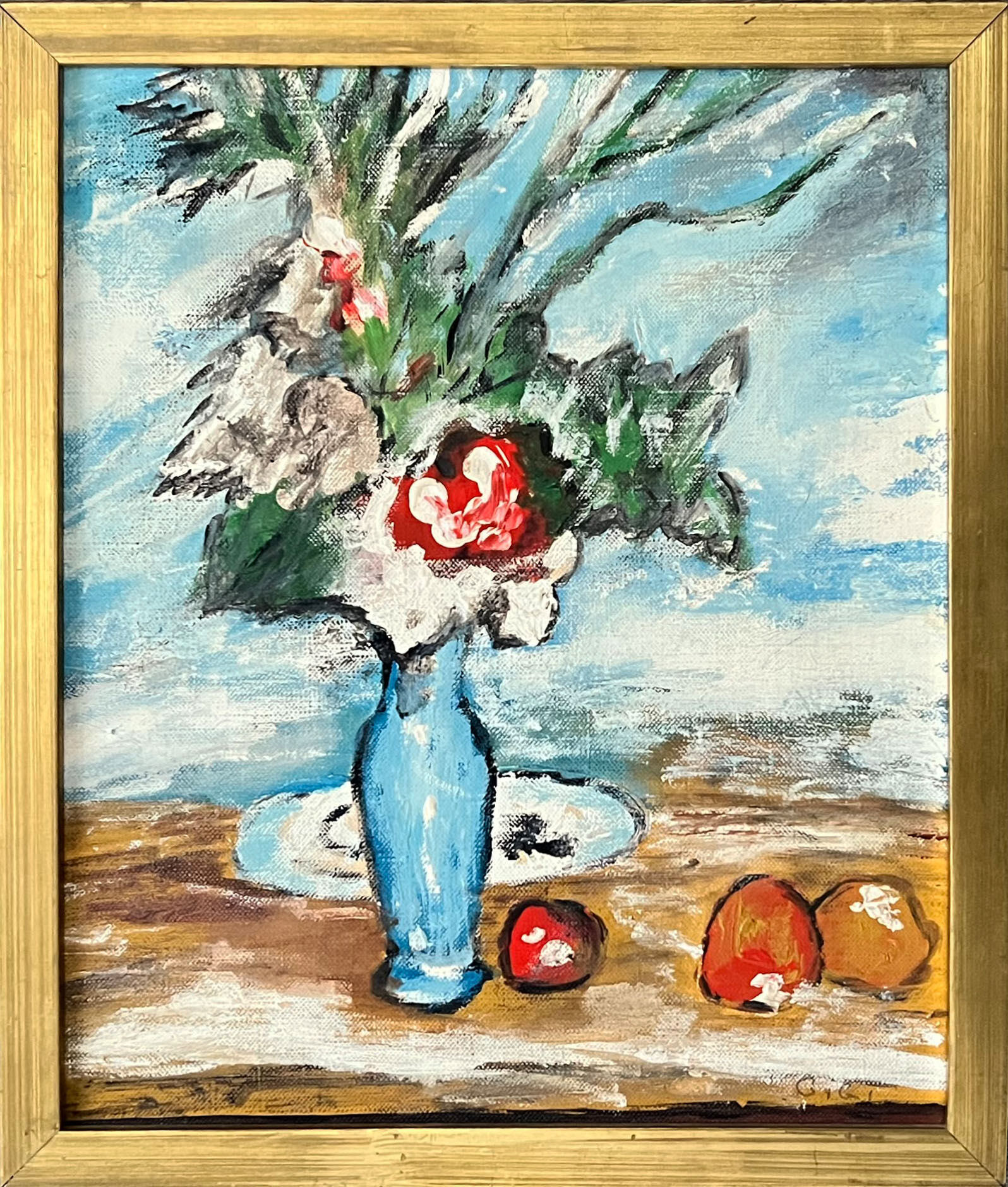 " The bouquet and the fruits " Oil on canvas cardboard