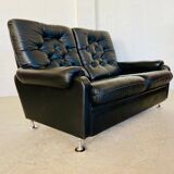 Canapé vintage danois rétro 2 places en cuir noir capitonné, années 1970