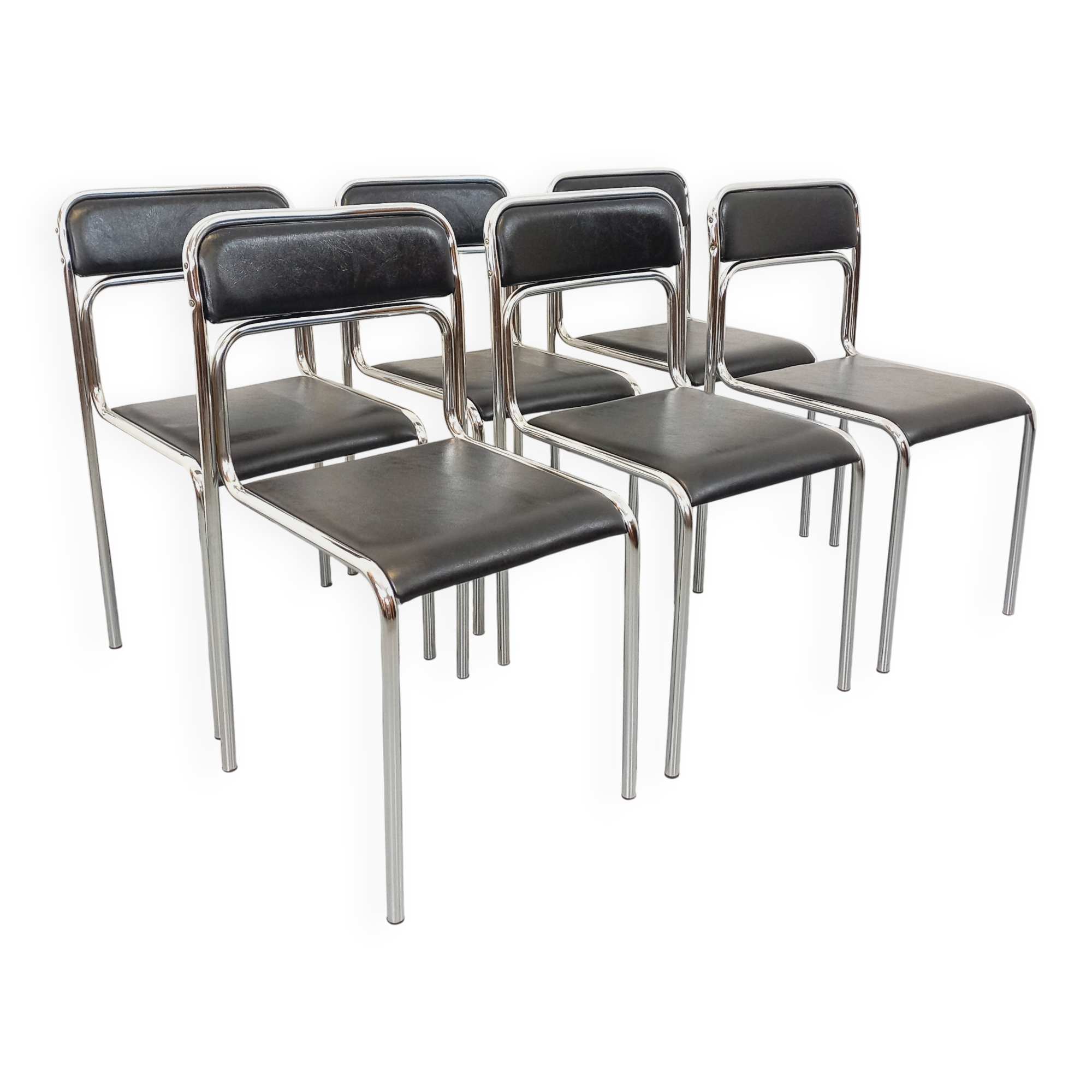 Set of 6 vintage Italian stackable chairs in chrome metal and skai.