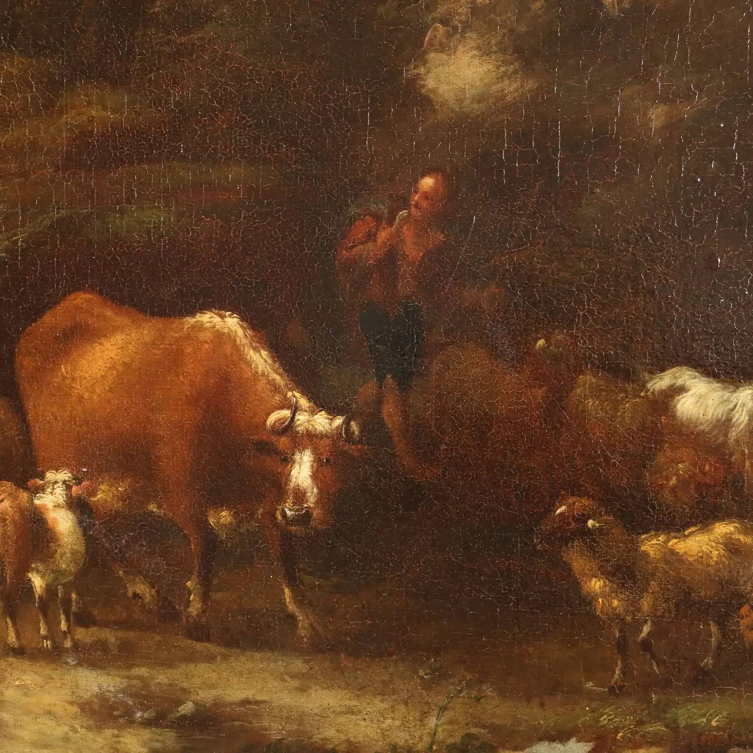 Landscape painting with figures and herds, oil on canvas, 18th century.