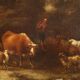Landscape painting with figures and herds, oil on canvas, 18th century.