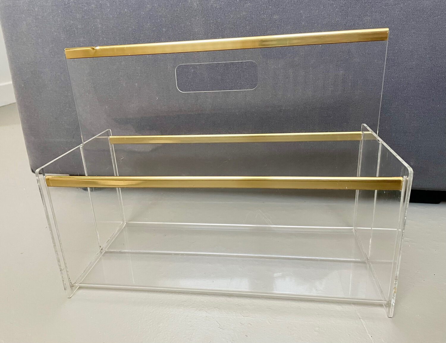 80s Plexiglas and brass magazine rack