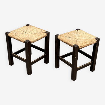 Pair of vintage straw-seat stools