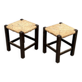 Pair of vintage straw-seat stools