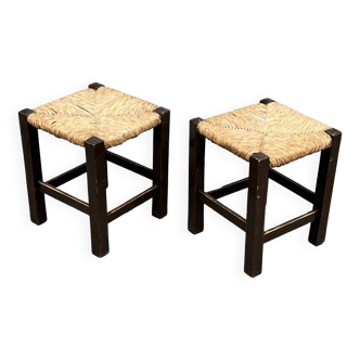 Pair of vintage straw-seat stools