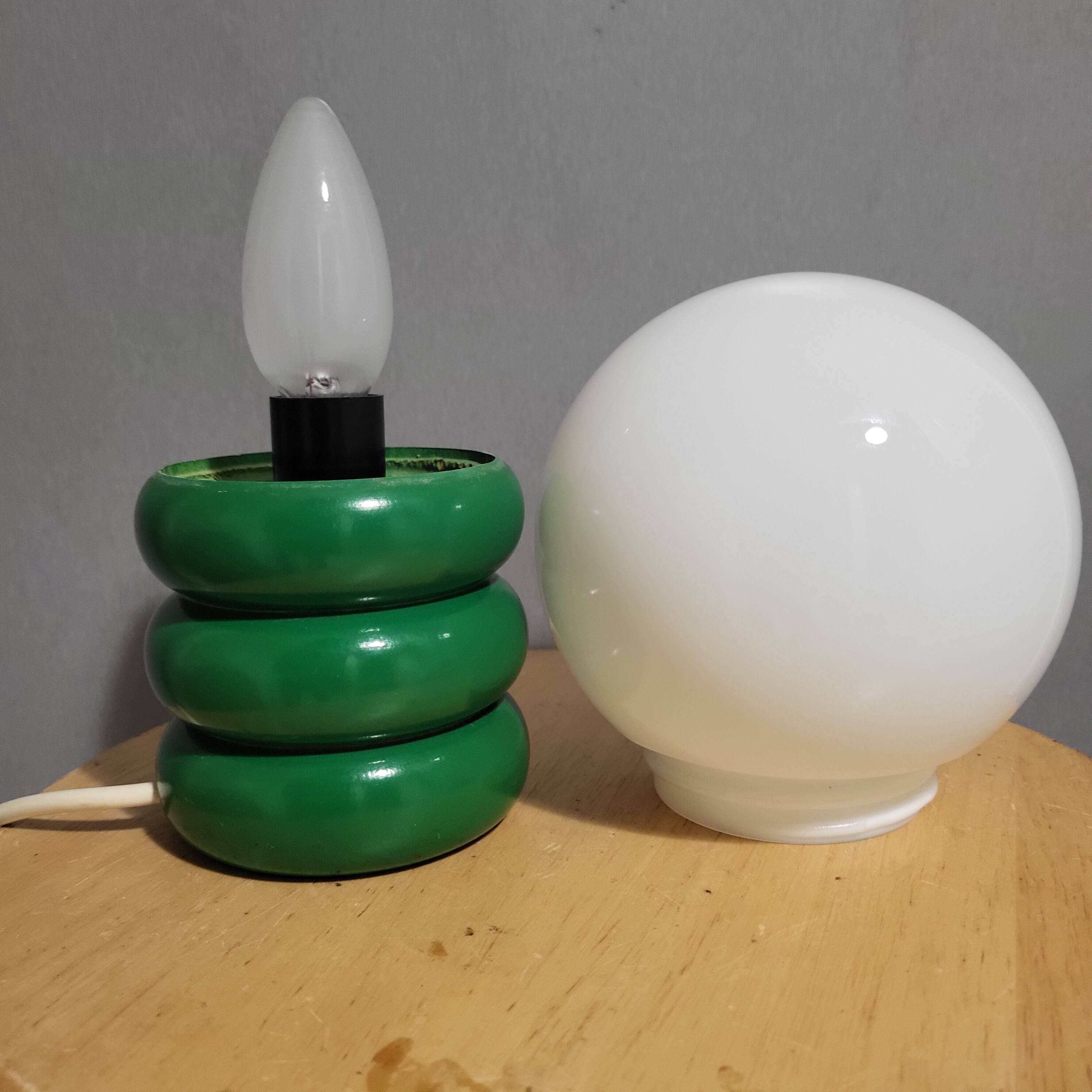 Table lamp, opaline globe and vintage lacquered green wood, 1980