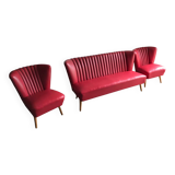 1960s vintage lounge set in purple vinyl — 2-seater sofa and 2 armchairs