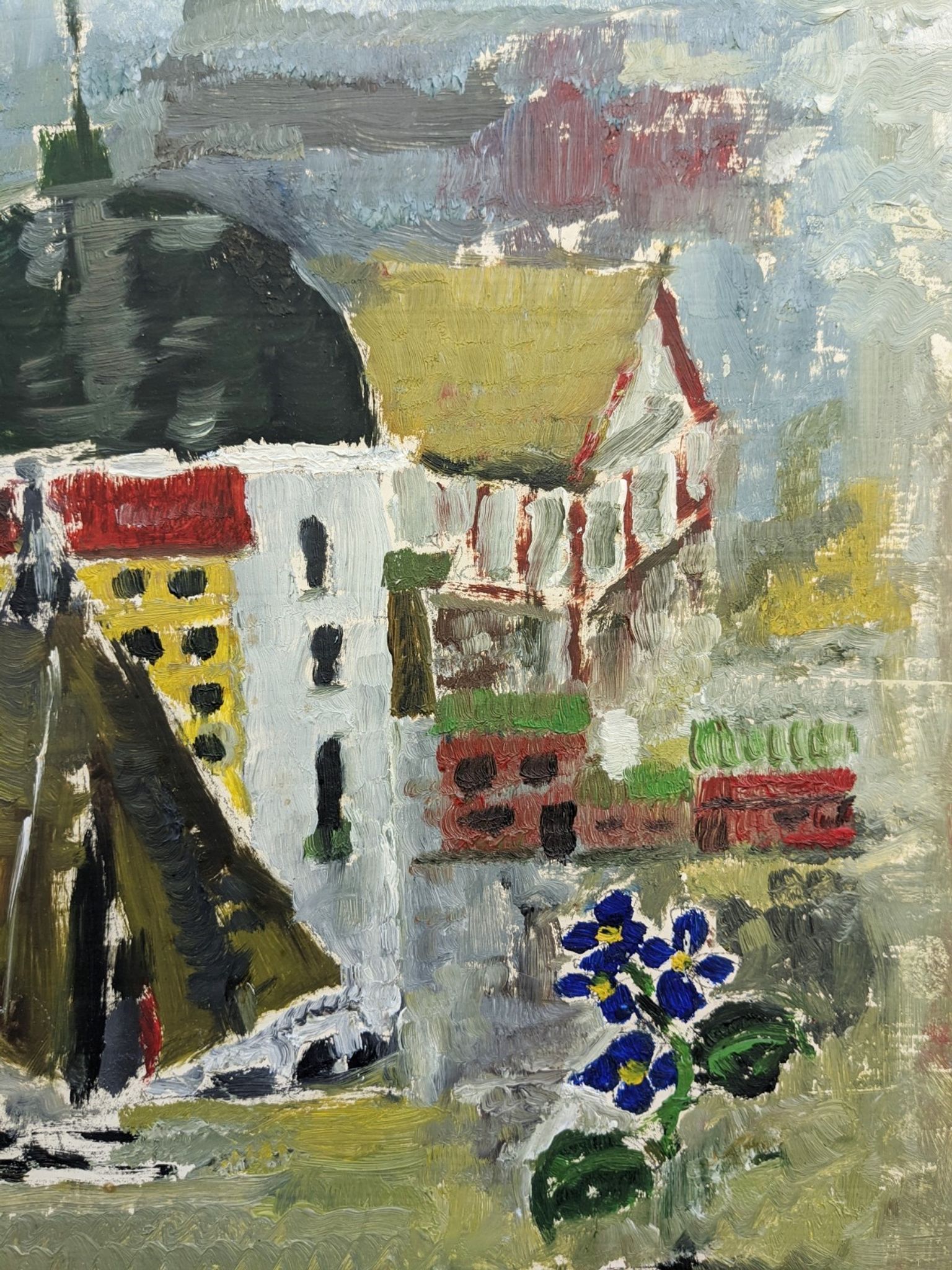 Mid-Century Modern Swedish Cityscape "City Views" Framed Oil Painting