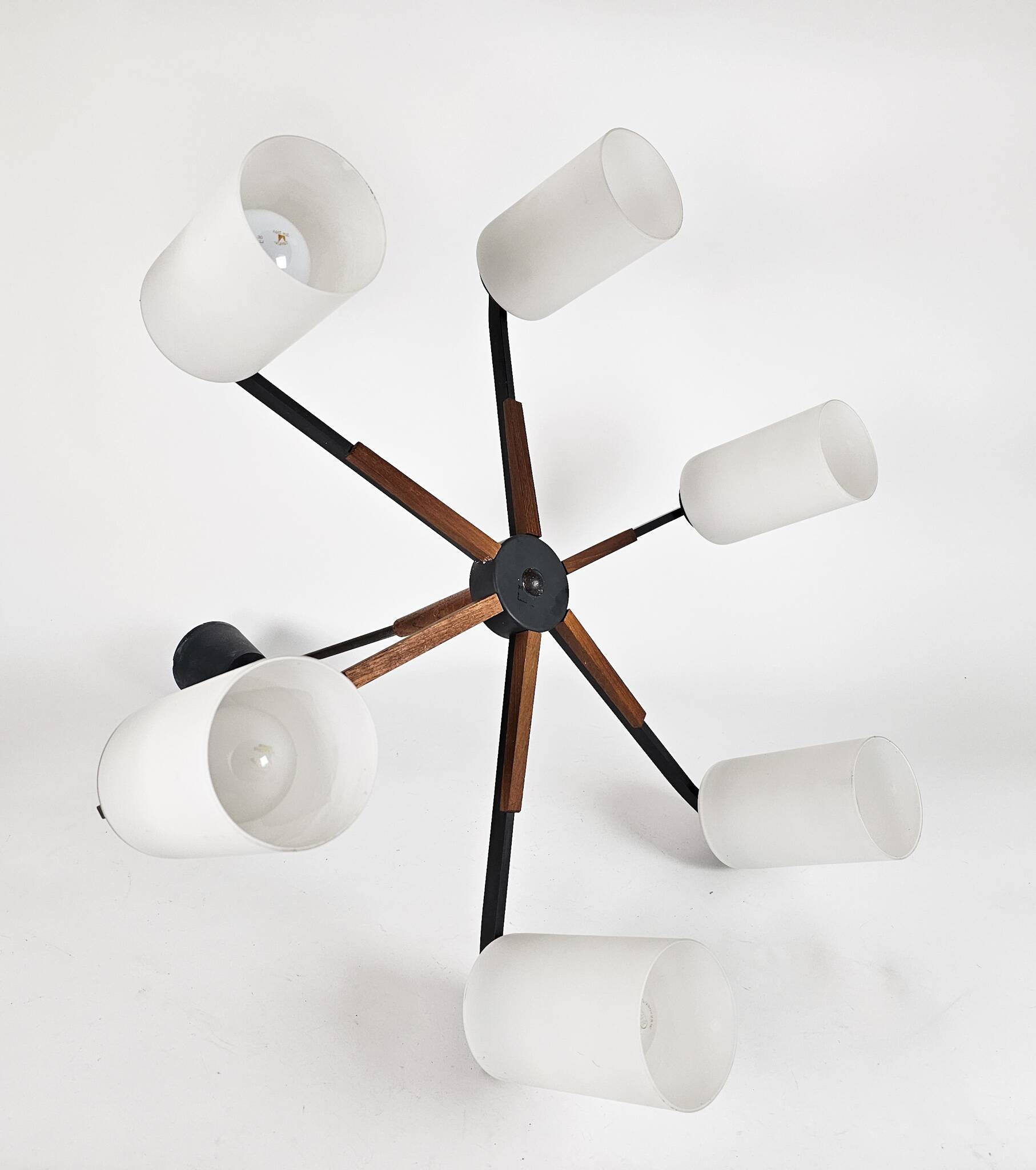 Vintage - Denemarken - 6 armige plafonlamp - teak - metaal - opaal glas - 60's