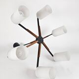Vintage - Denemarken - 6 armige plafonlamp - teak - metaal - opaal glas - 60's