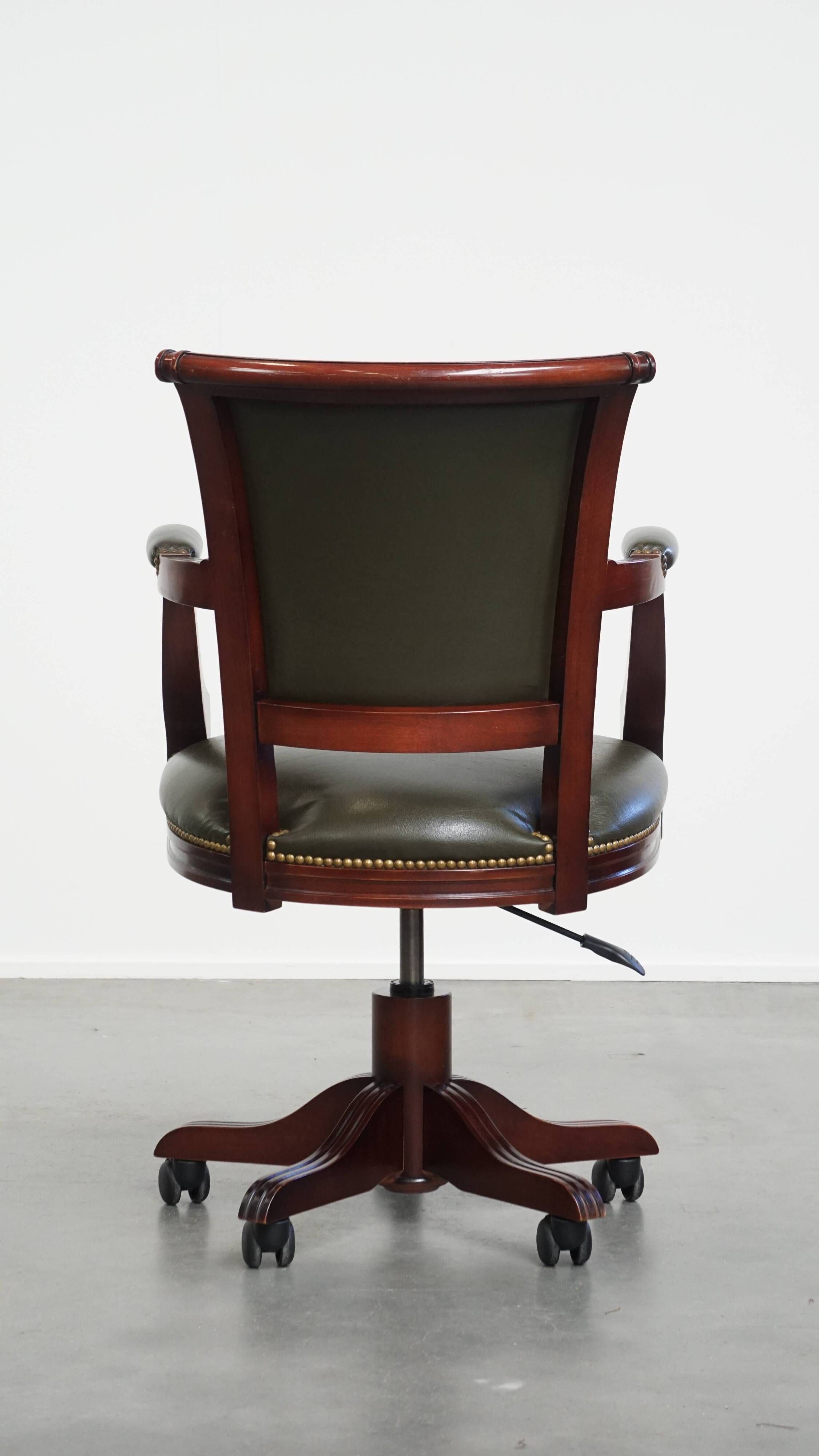 Green Cowhide Leather and Wooden Office Chair in English Style on Casters