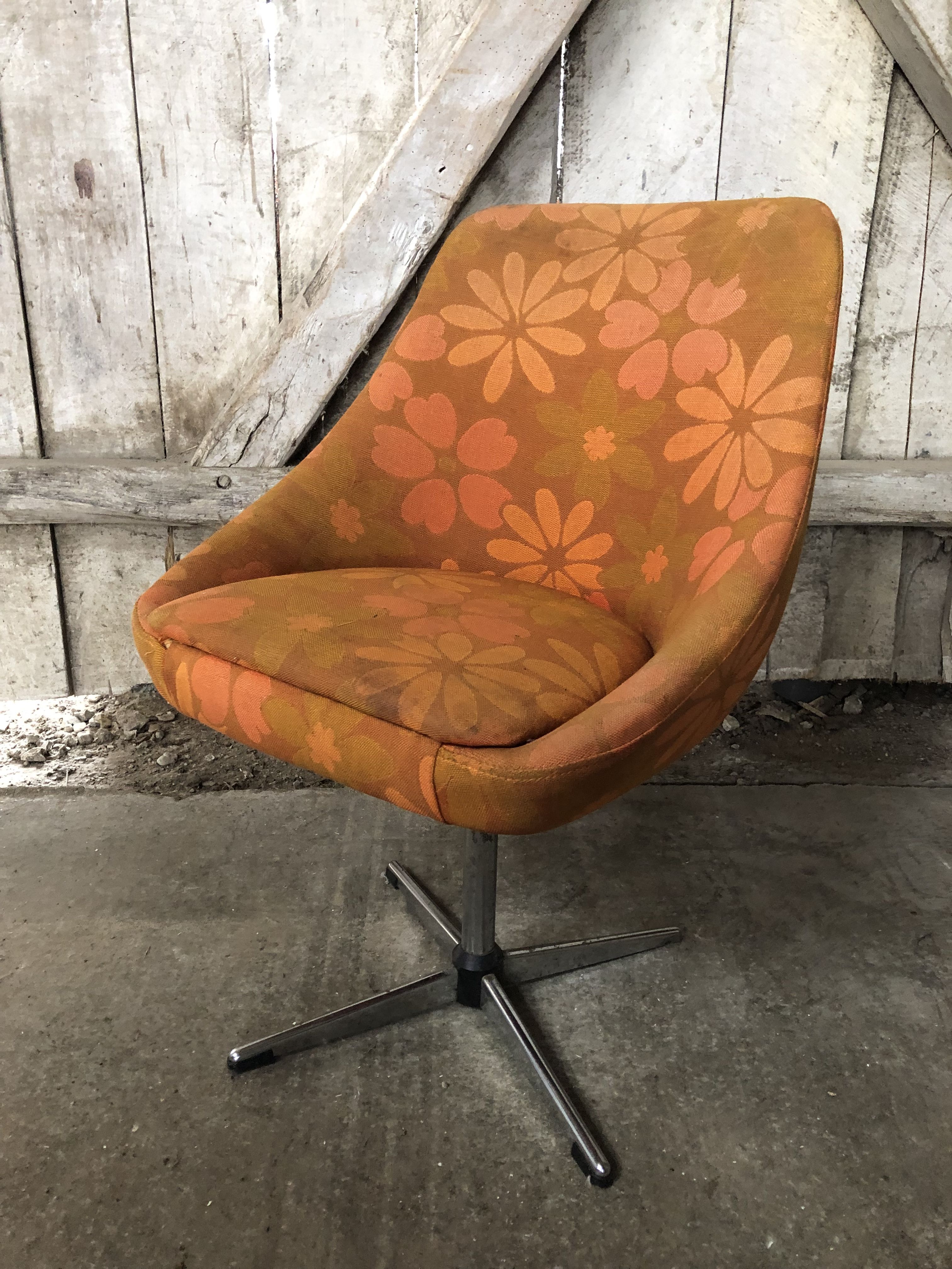Old chair shell fabric flowers orange