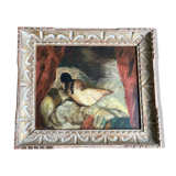 Painting, Odalisque with red curtain oil on wood around 1950