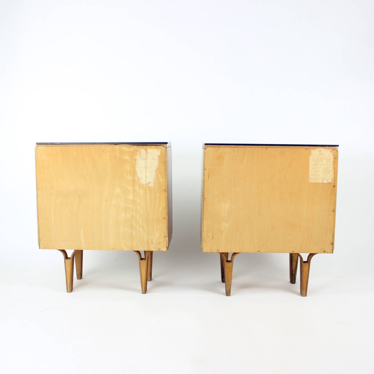 Set Of Mid Century Bedside Tables In Walnut And Black Glass, Czechoslovakia