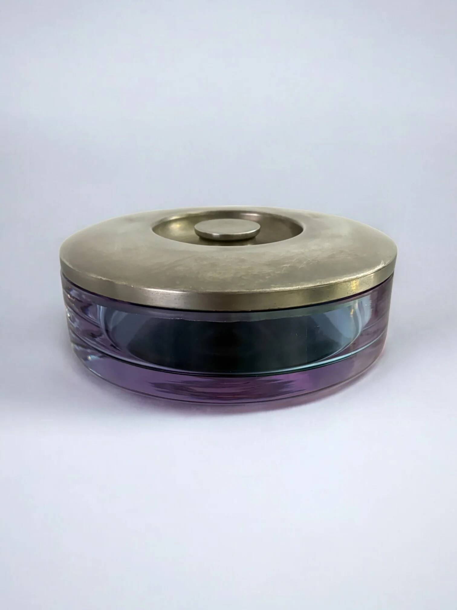Sergio Asti purple Murano glass & inox vanity box for Arnolfo di Cambio, Italy 1970s