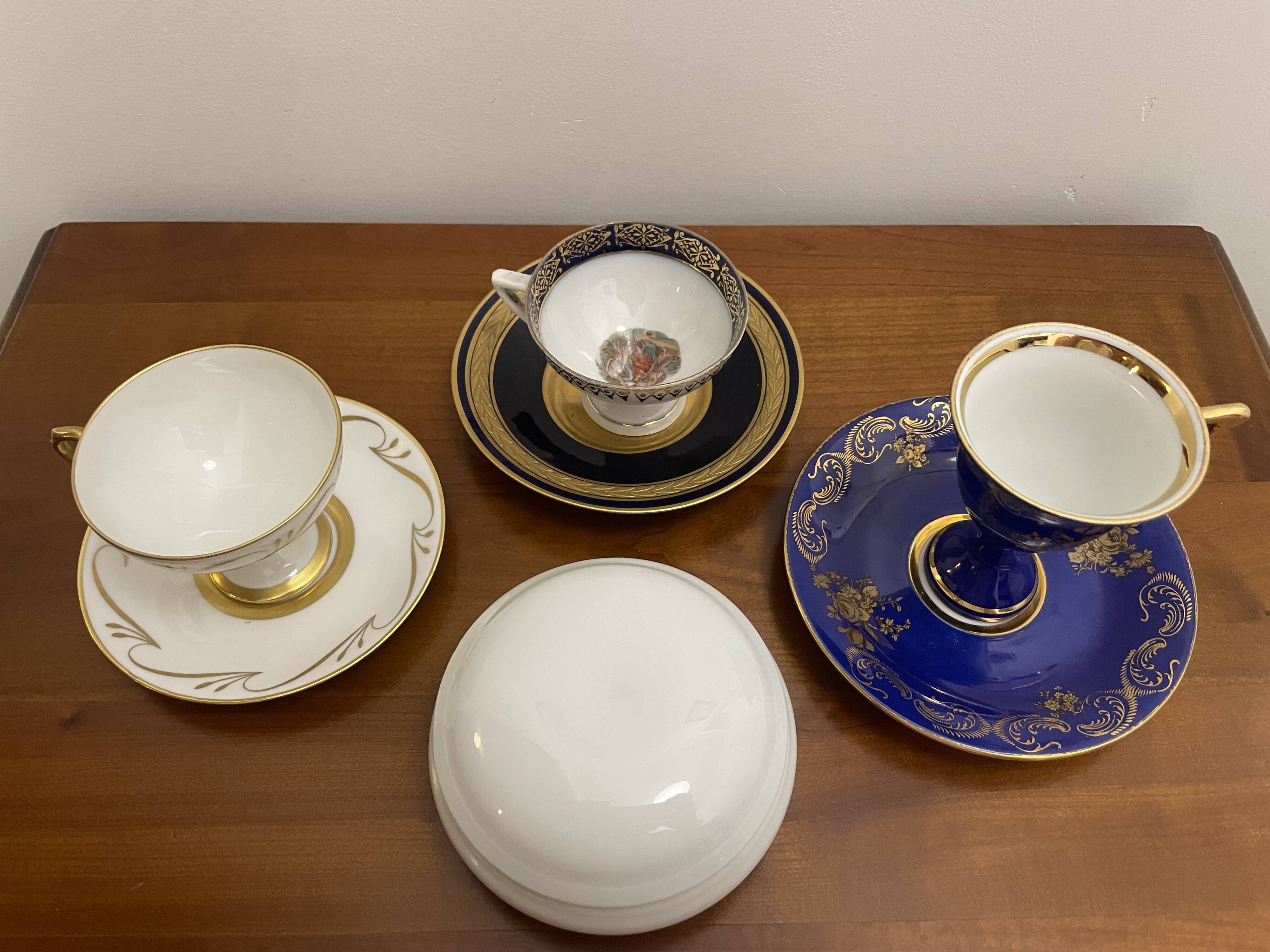 Set of 3 cups, their saucers and a sweet jar.