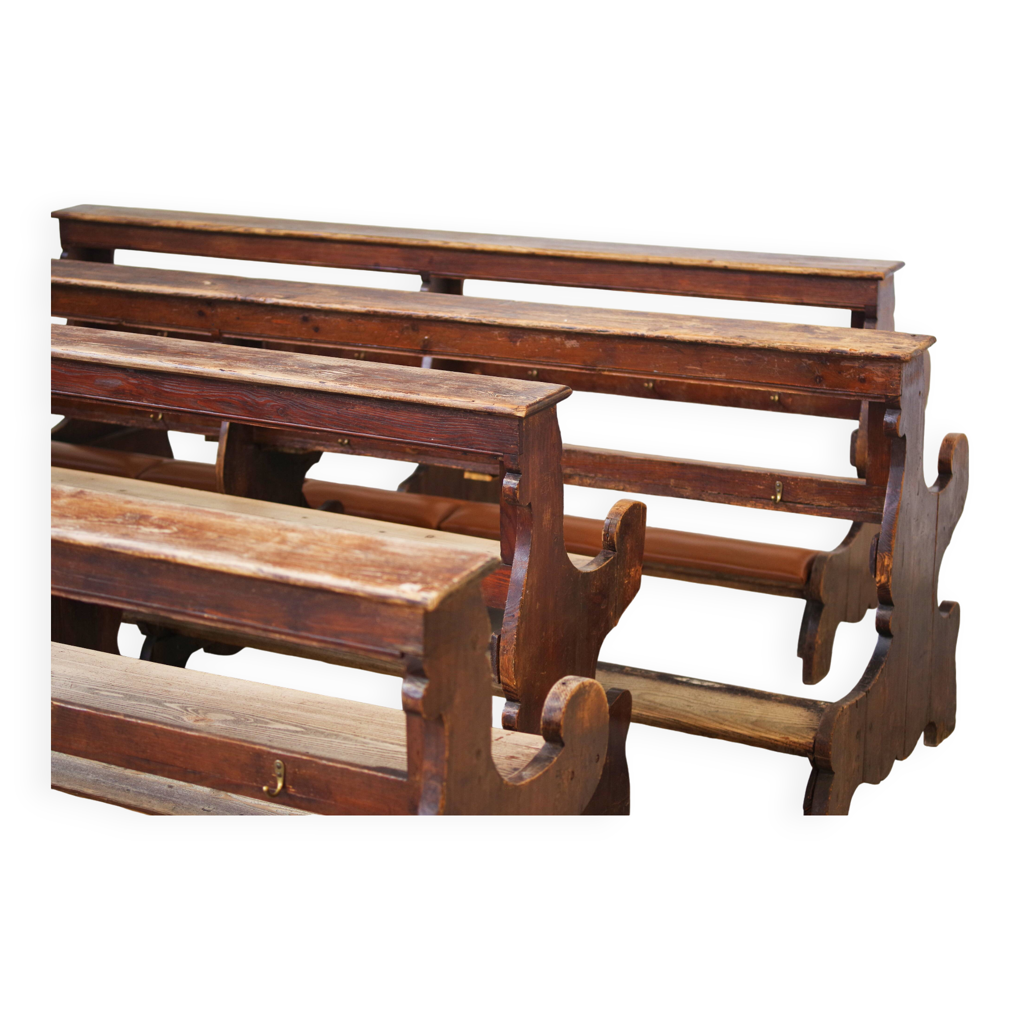 Antique Gothic Church Benches, Late 1800s – Set of 4 Pine Wood Pew Benches