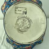 Large earthenware basket, Longwy enamels, turquoise blue cloisonné, twisted handle, stamp