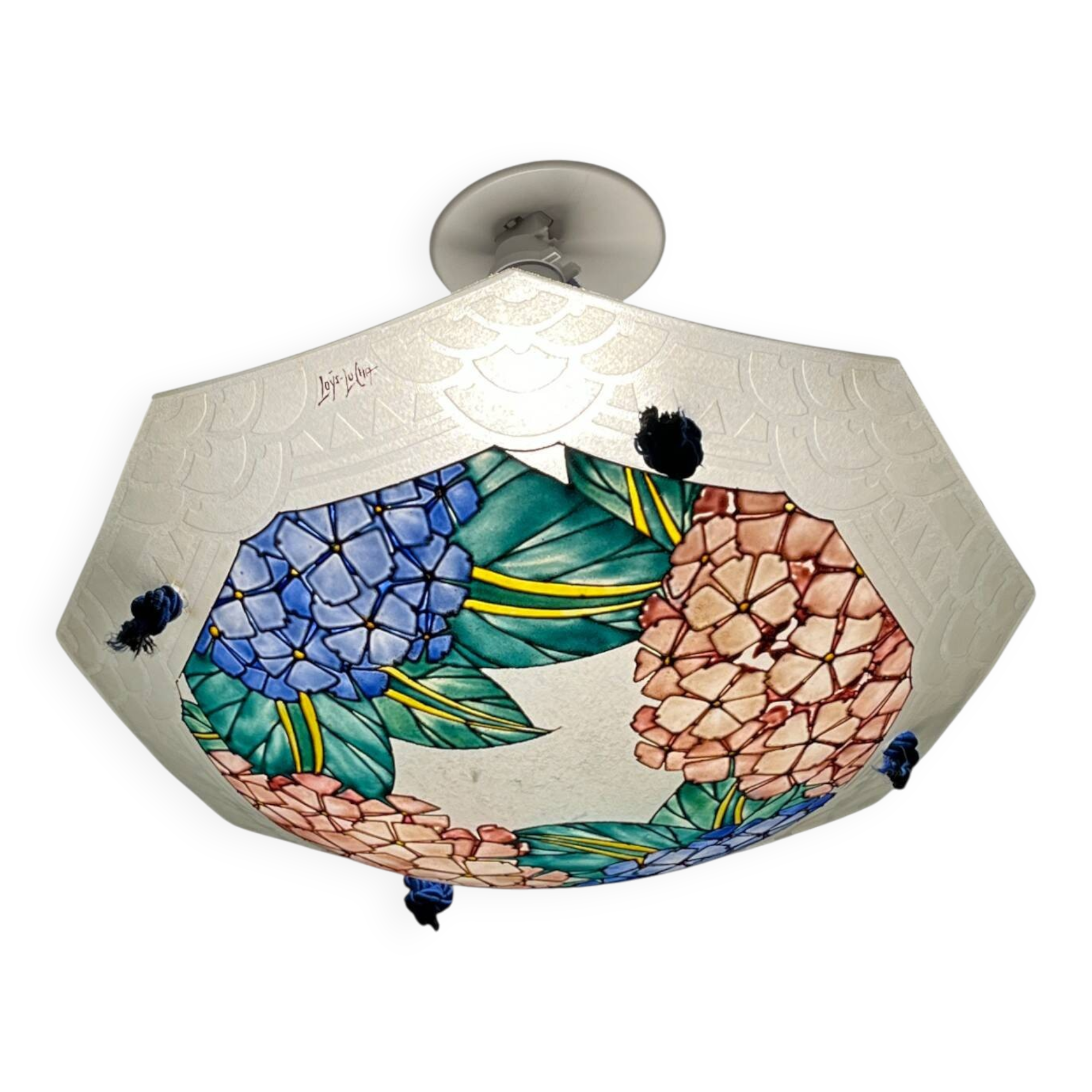 Art déco, suspension verre émaillé signée Loÿs Lucha vers 1930