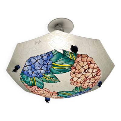 Art déco, suspension verre émaillé signée Loÿs Lucha vers 1930
