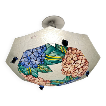 Art Deco, enameled glass pendant light signed Loÿs Lucha circa 1930