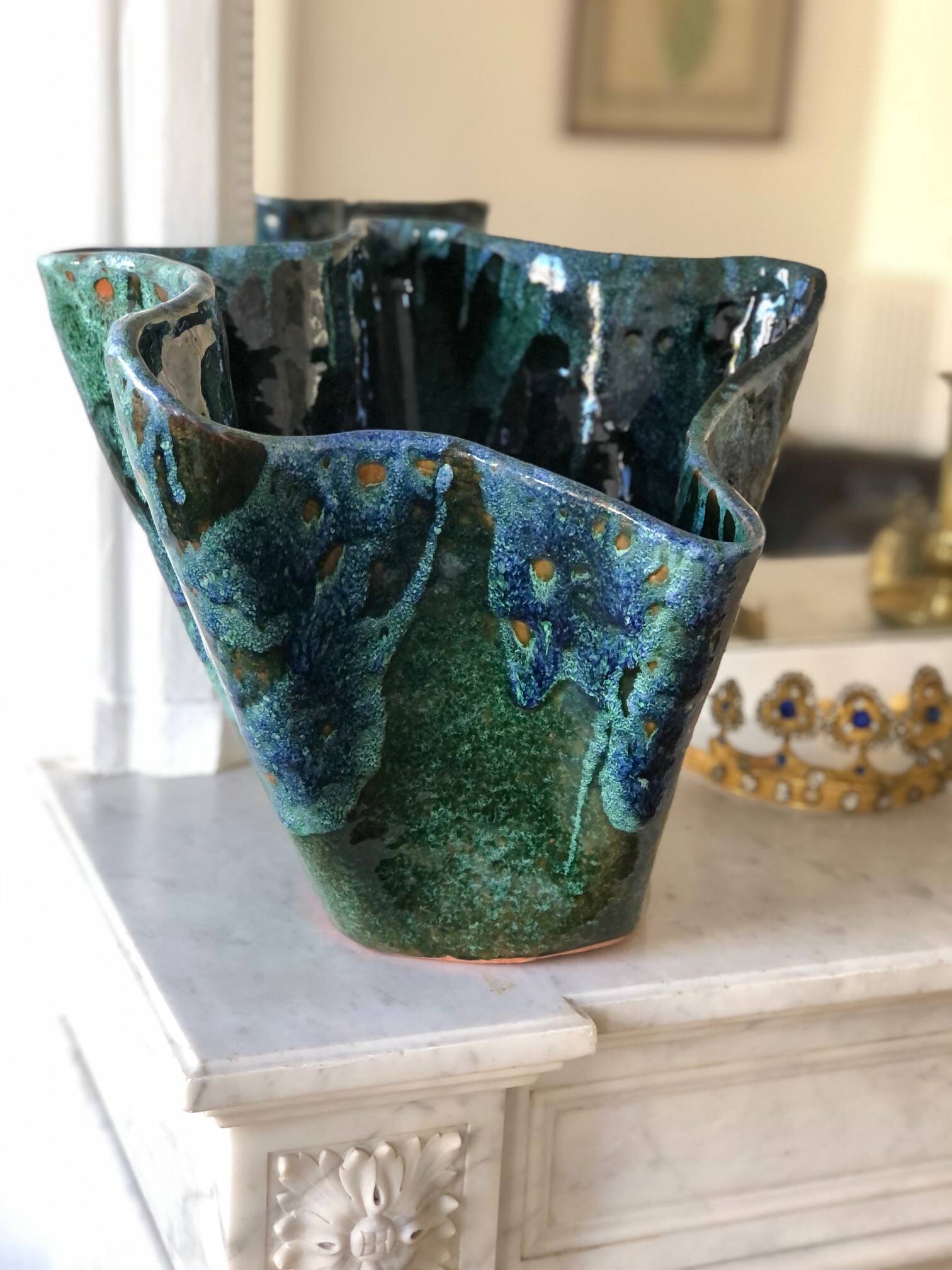 Glazed green/blue vase sculpture