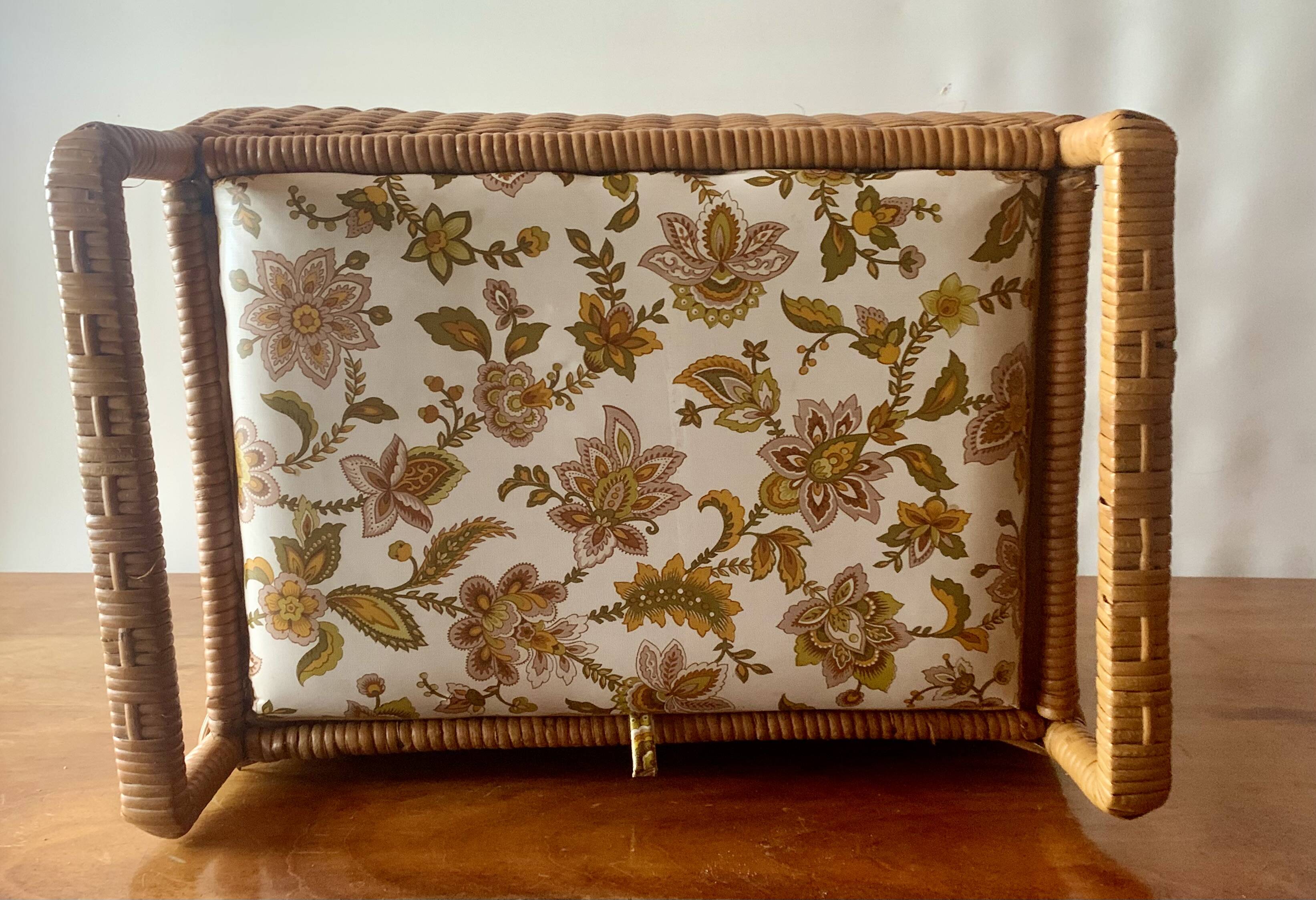 Large vintage rattan and wicker sewing basket with floral decor seat