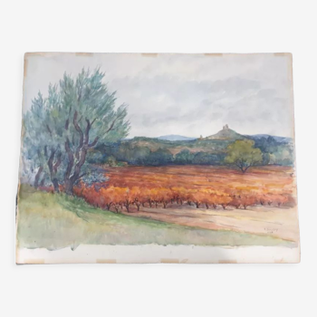 Aquarelle sur papier "Paysage de campagne, Aveyron?" Signée en bas André Duculty (1912-1990)