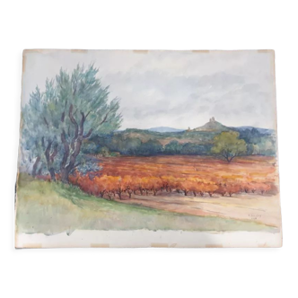 André Duculty (1912-1990) Watercolor on paper "Country landscape, Aveyron?" Signed below