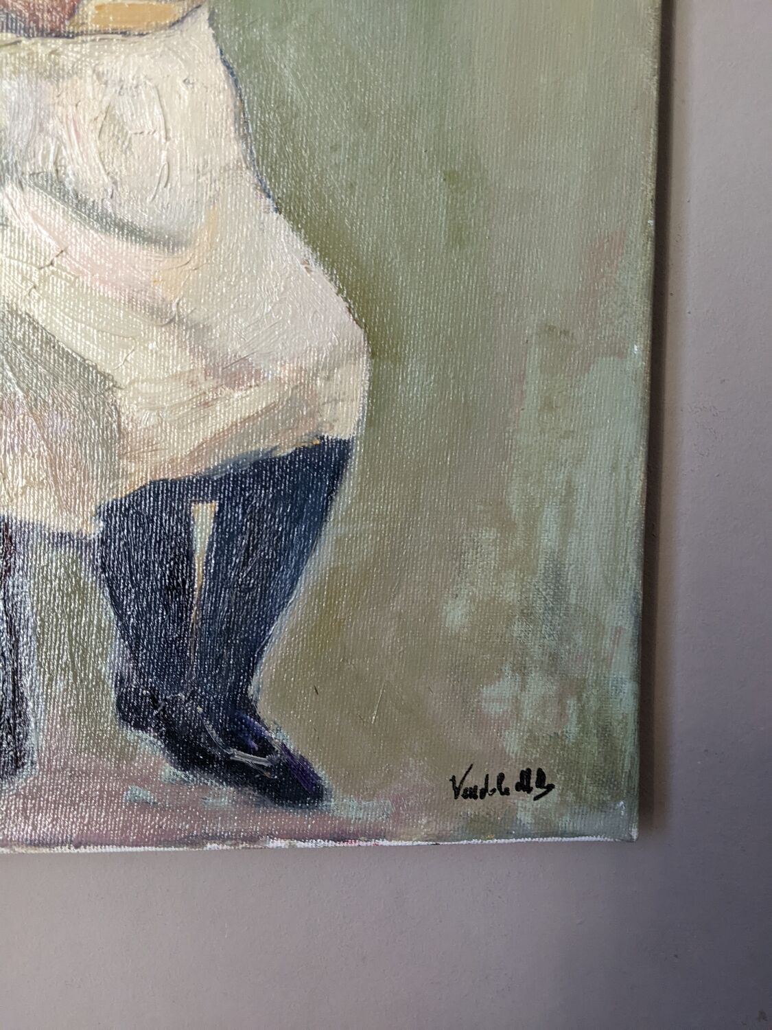 Old acrylic painting on canvas, country decoration.