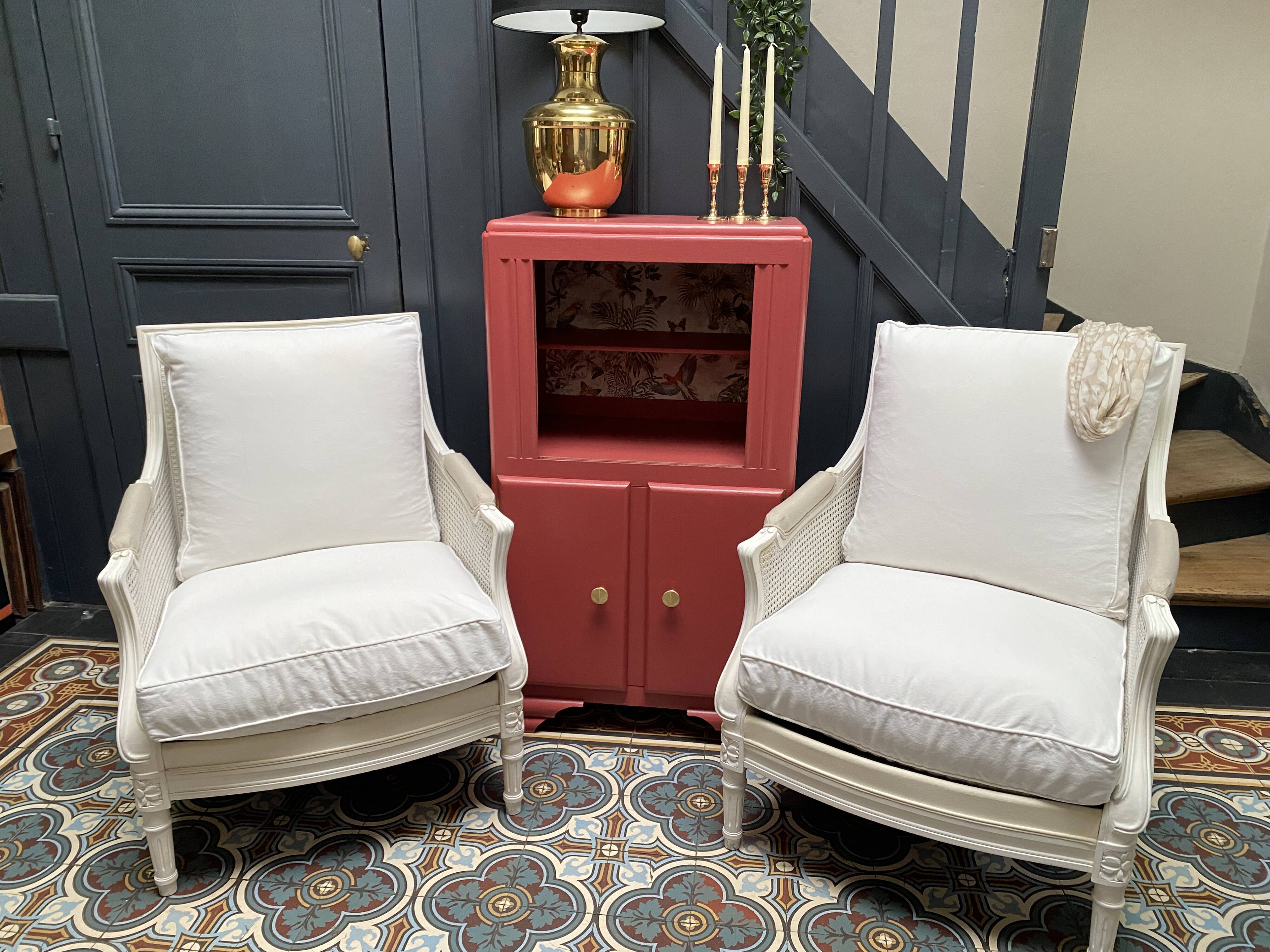 Pair of Louis XVI style caned Bergère armchairs