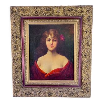 Portrait of a woman oil painting on panel 19th century signed ROLLAND framed