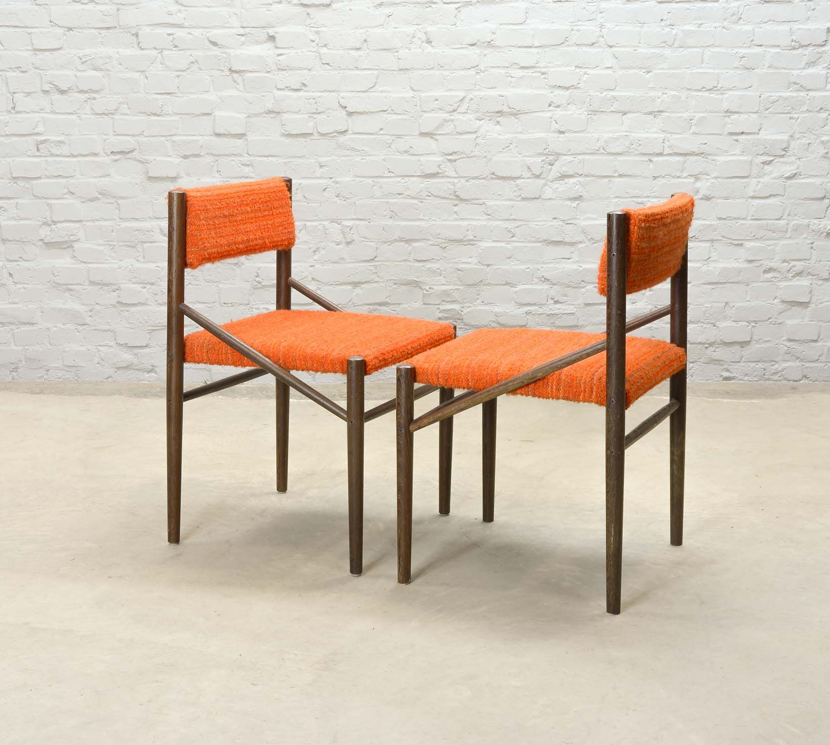 4 Wengé Wooden Dining Chairs with Orange Bouclé Fabric Upholstery 1960s