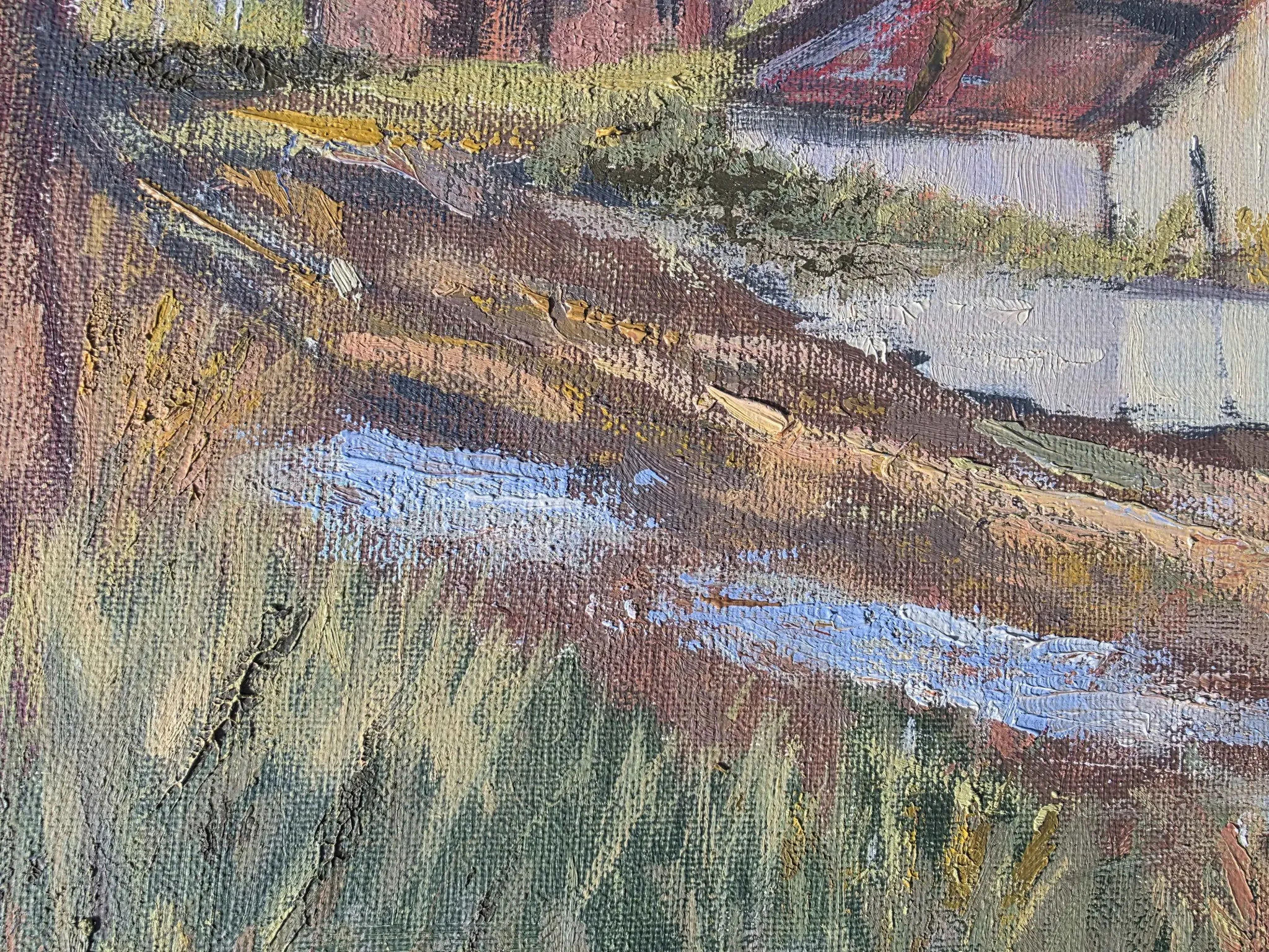 Vintage Oil Landscape Painting - Impasto Barn Scene