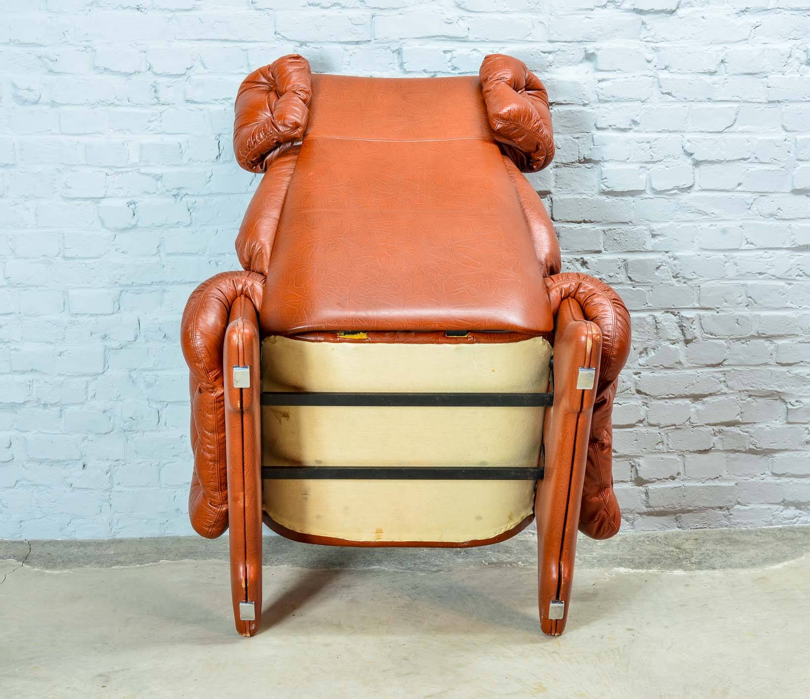Brutalist Sculptured Brazilian Style Cognac Leather Lounge Chair, 1970s