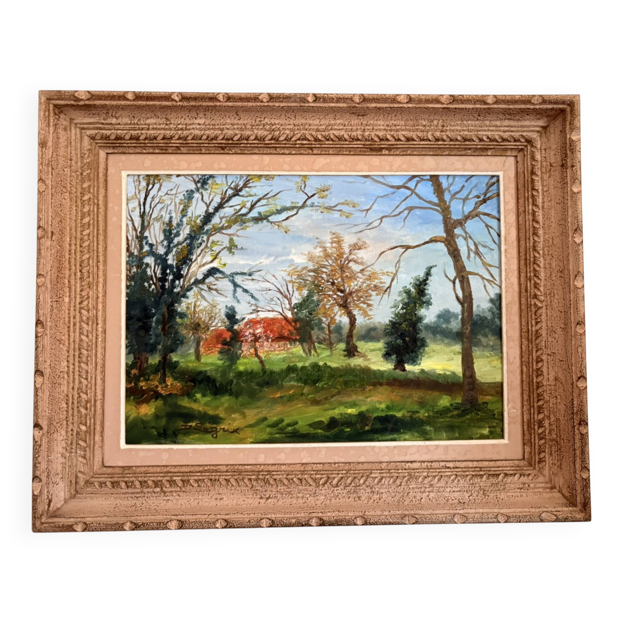 Old painting Oil on canvas Countryside Landscape House Garden Tree N