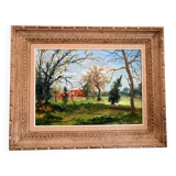 Old painting Oil on canvas Countryside Landscape House Garden Tree N